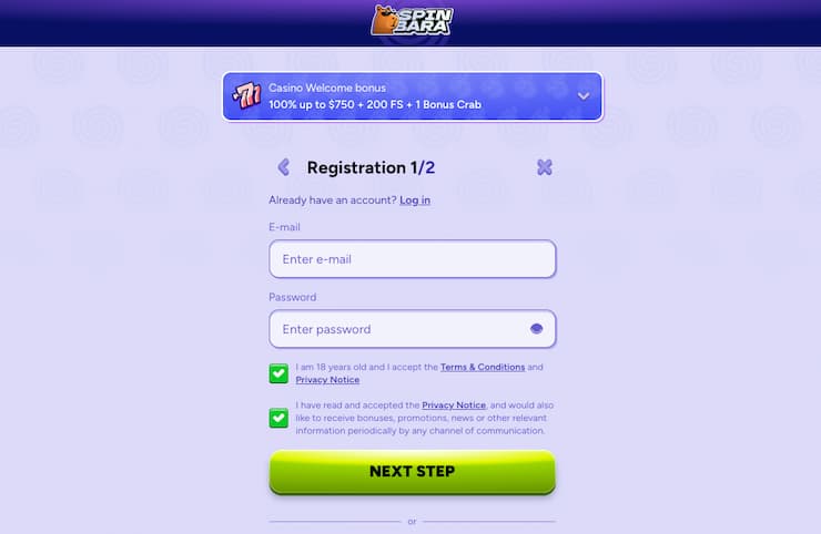 An image of the sign up screen at Spinbara, one of the best online gambling sites Canada players can access.